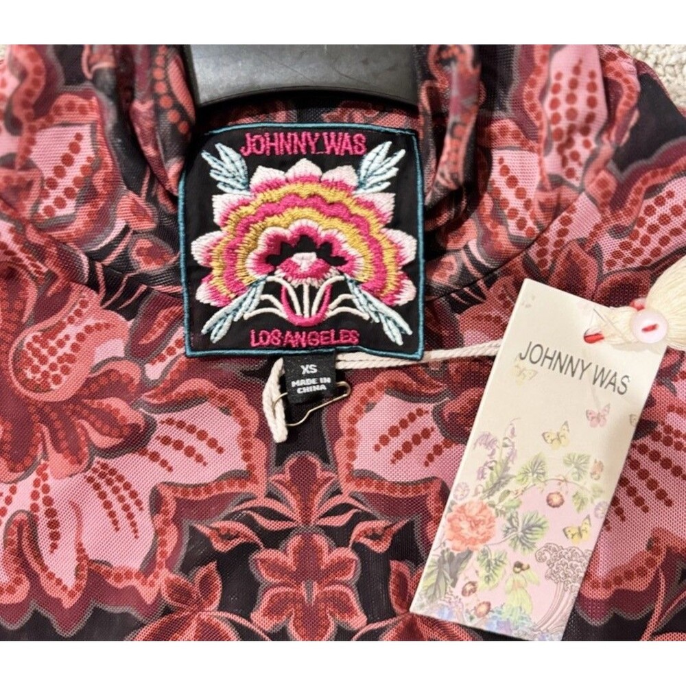 JOHNNY WAS Floral Print Mesh Knit Mock Neck Elbow Sleeve Top. Size XS , S - Picture 6 of 7